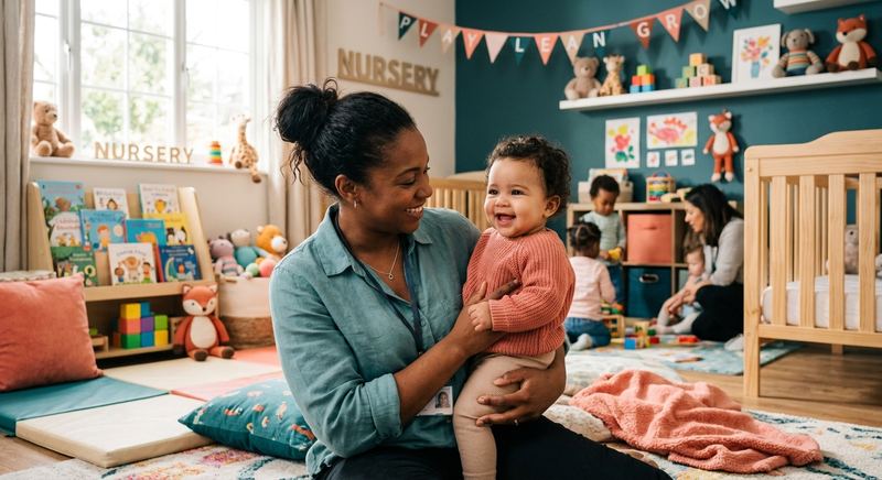 Caregiver gently holding a smiling baby